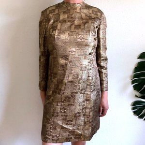 Vintage 60s Ralph Creation Gold Lame Mod Shift Sheath Mini Dress